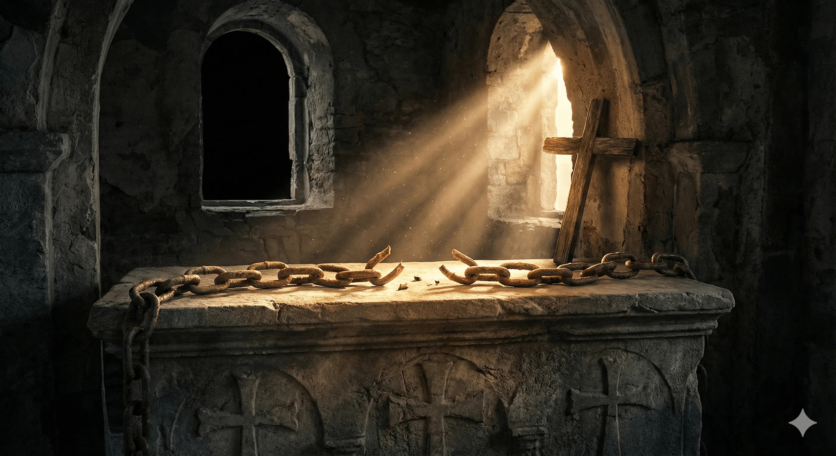 Broken chains in light symbolizing freedom from addiction