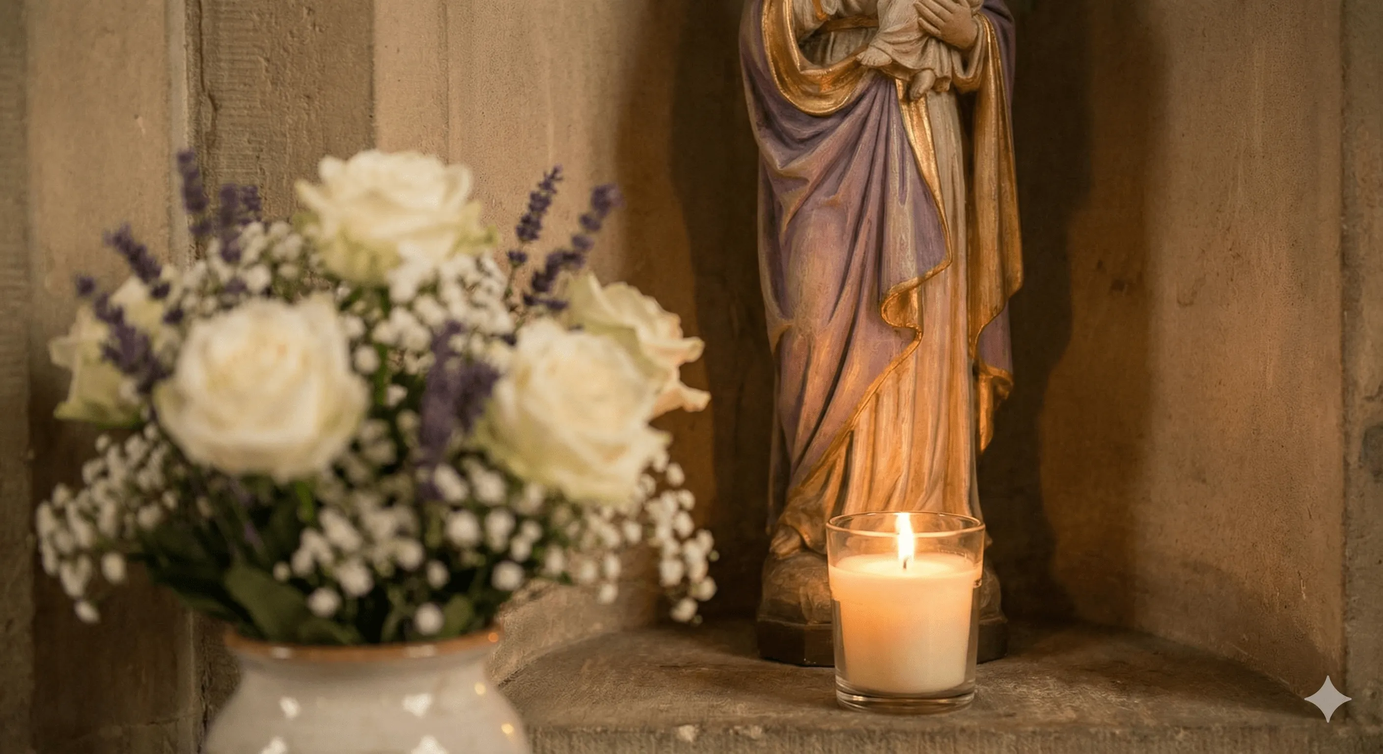 Candle before Mary statue representing comfort in grief